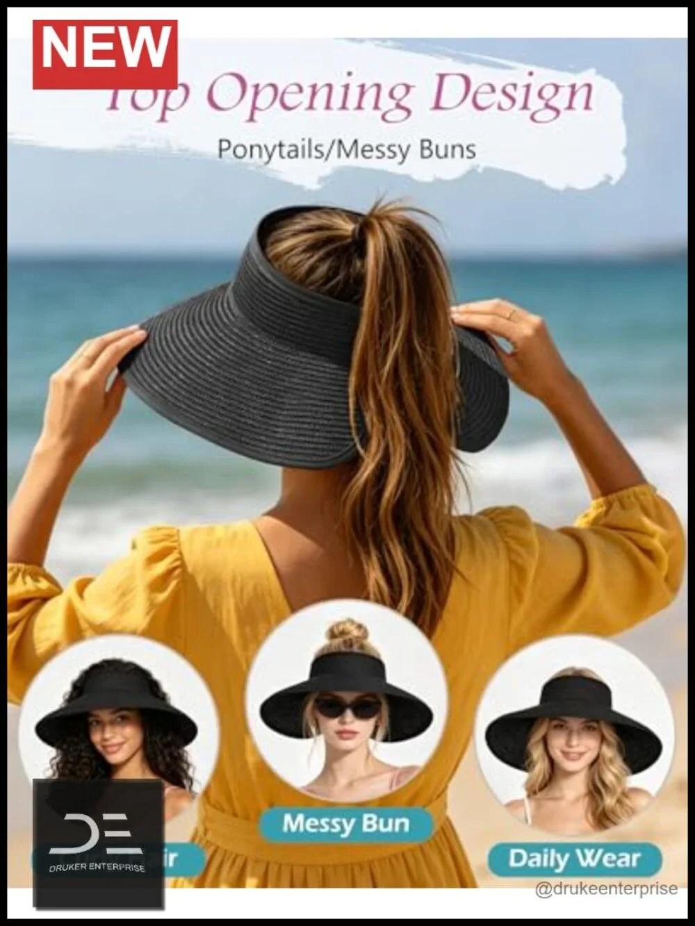 Straw Sun Visor Hat Wide Brim UV Protection Foldable Adjustable Ponytail Summer